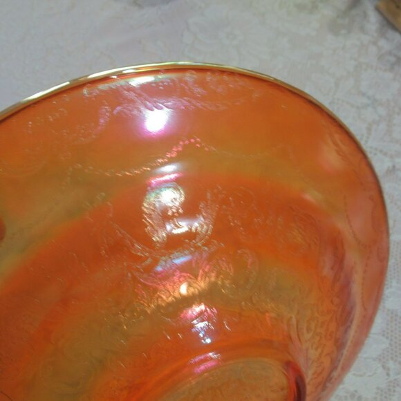Federal Glass Madrid Marigold Carnival Glass 11" Console Bowl Embossed Floral - Picture 4 of 12